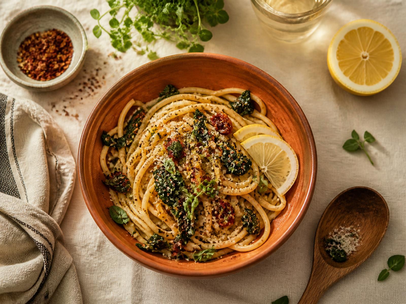 Bowl of pasta with herbs and lemon on a linen table